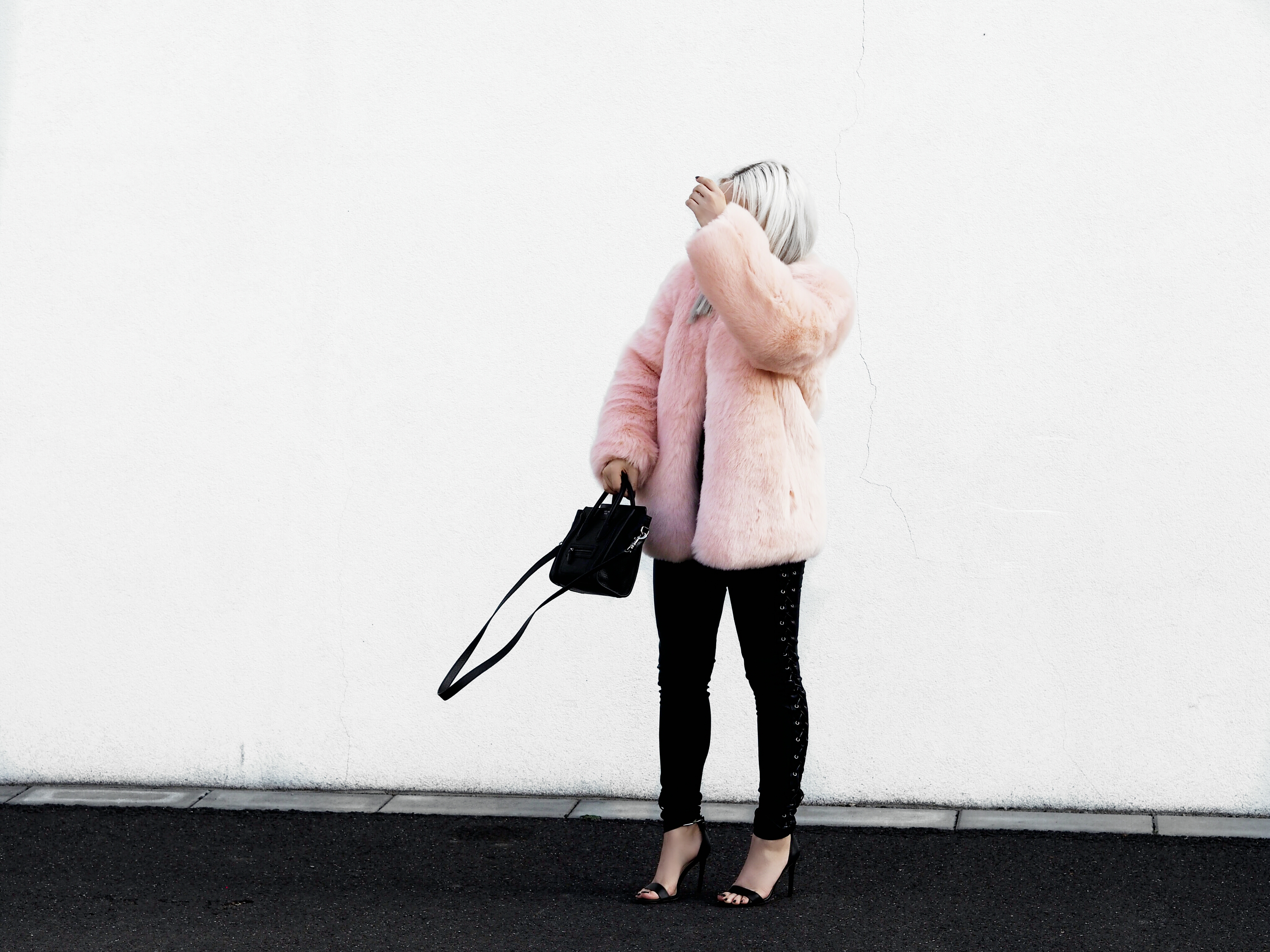 maniere de voir lace up leather trousers thpshop boxy pink faux fur coat